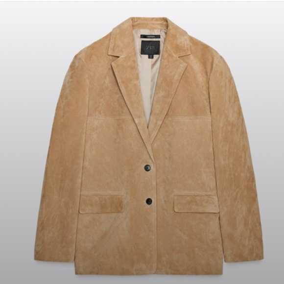 ZARA NEW WOMEN 100% SUEDE BLAZER Beige - Picture 1 of 6